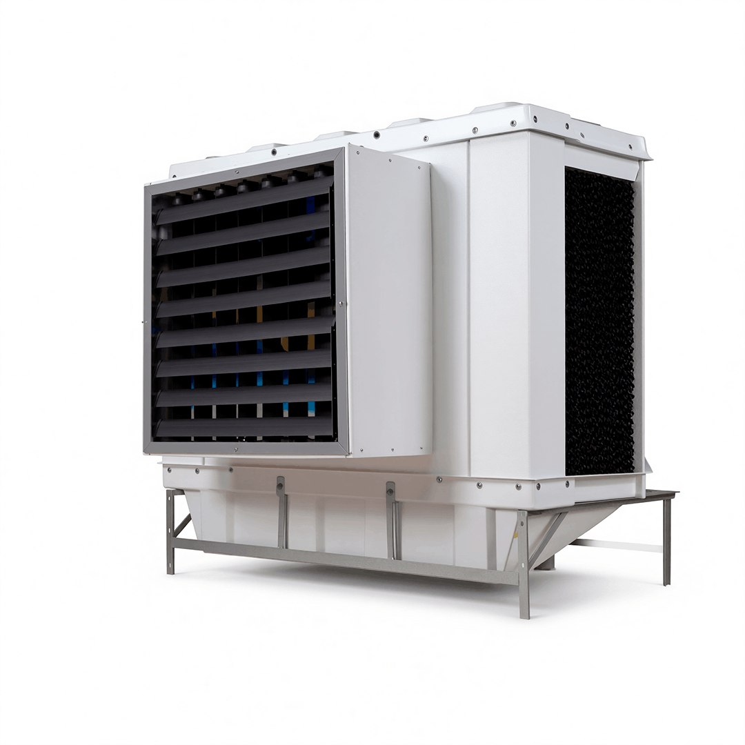 Climatizador evaporativo M32 visto em três quartos, com a colmeia evaporativa na lateral e base sobre rodízios.